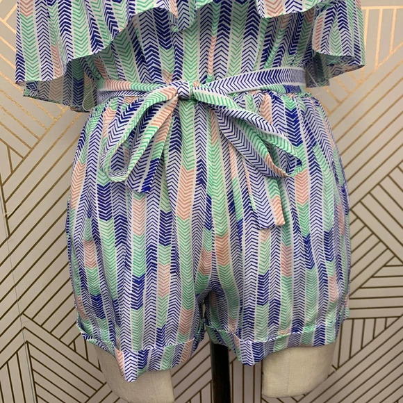 Lemlem Gigi Silk Strapless Romper in Blue Green Chevron Print Size‎ US Small - Picture 3 of 11